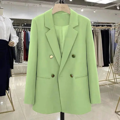 Blazer Woman Autumn Spring Long Sleeve Double Breatsed Lapel Loose Coat Slim Casual Jackets Office Ladies Vintage Blazers