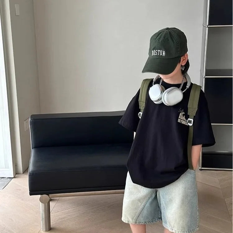 Black Graffiti Letters Pure Cotton Short Sleeve T-Shirt for Tween Boys Loose Fit Summer Youthful Wear Kids Outerwear Clothing