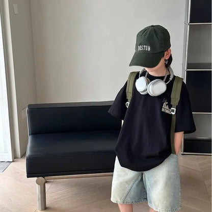 Black Graffiti Letters Pure Cotton Short Sleeve T-Shirt for Tween Boys Loose Fit Summer Youthful Wear Kids Outerwear Clothing