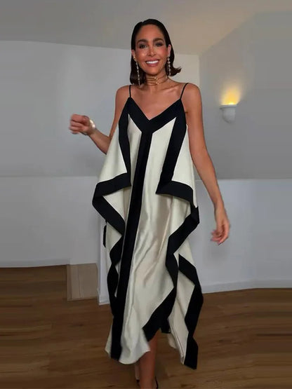 Contrast Black Trim Satin Maxi Dress Deep V Neck Loose Flowy Ruffle Hem Lady Long Gown 2026 Summer Formal Chic Vacation Dresses