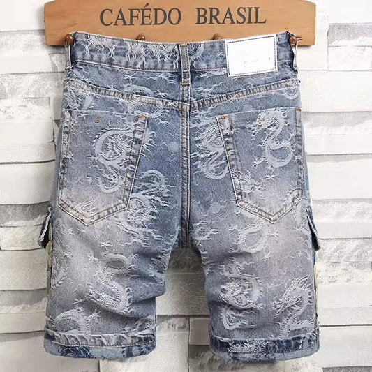 Men's Denim Shorts Overalls Chinese Loong Printed Simple Pants Blue Shorts Spring and Summer
