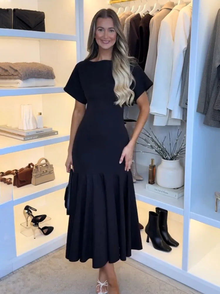 2026 Women Summer Fashion Solid Midi Dress Side Zipper Pleated Woman Ship-type Short Sleeved Stitching Holiday Party Dress