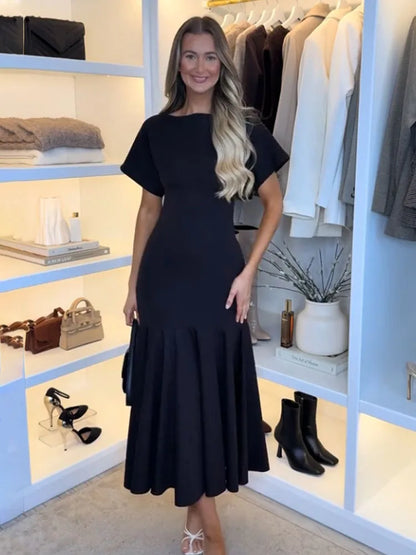 2026 Women Summer Fashion Solid Midi Dress Side Zipper Pleated Woman Ship-type Short Sleeved Stitching Holiday Party Dress