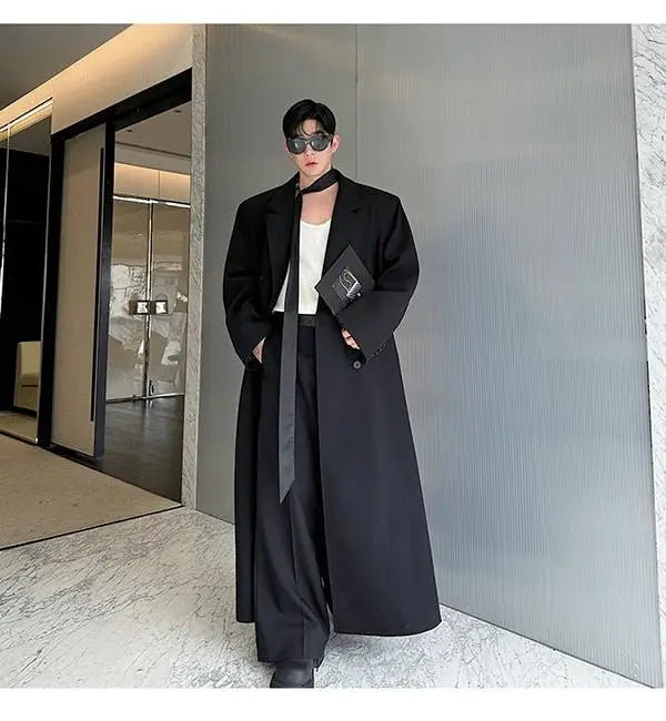 Spring Autumn Extra Logn Black Oversized Flowy Soft Trench Coat for Men with Back High Slit Loose Casual Overcoat