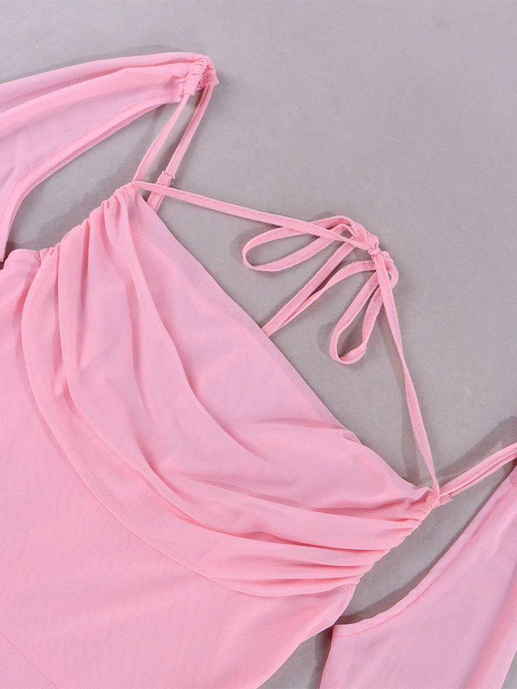 Halter Flounce Sleeves Mesh Pink Dress Women Sexy Solid Backless Bandage Mini Vestido Summer Vacation Party Club