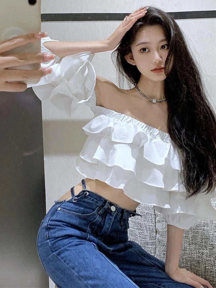 Off Shoulder Fashion Woman Blouse Stacked Ruffles Crop Top Shirt Summer Designer Short Sleeve Chiffon Sexy 2023 New