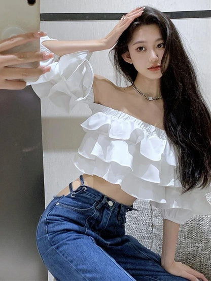 Off Shoulder Fashion Woman Blouse Stacked Ruffles Crop Top Shirt Summer Designer Short Sleeve Chiffon Sexy 2023 New