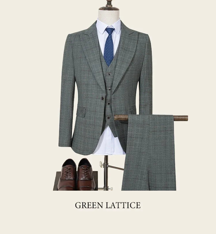 High Quality Khaki Plaid Suit Formal Business Office Men's Suits Fashionable and Casual Evening Gown