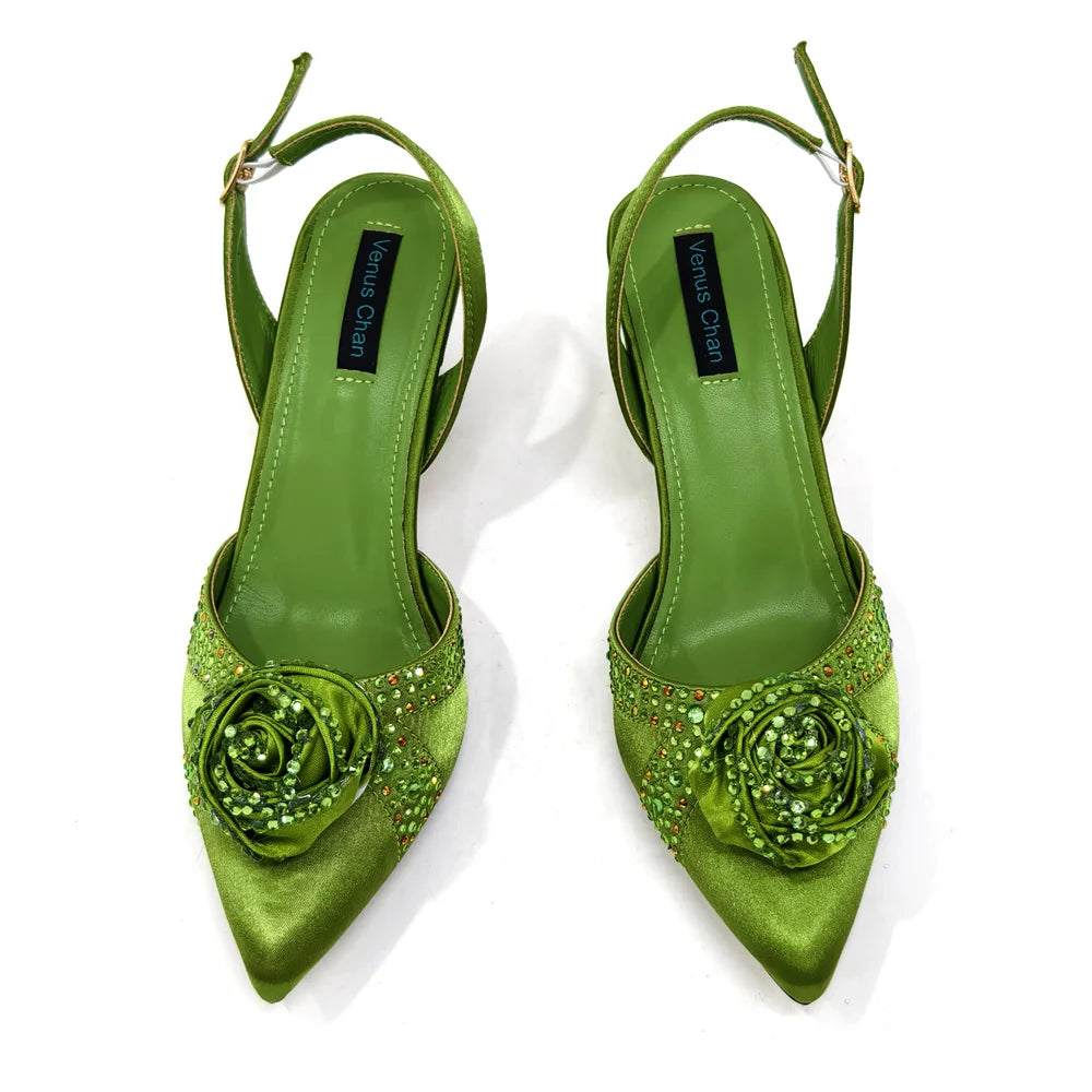 Sparkling Rhinestone Rose Pumps With Medium Heel for Nigerian Women's Party, Pointed Toe Shoes and Matching Bags