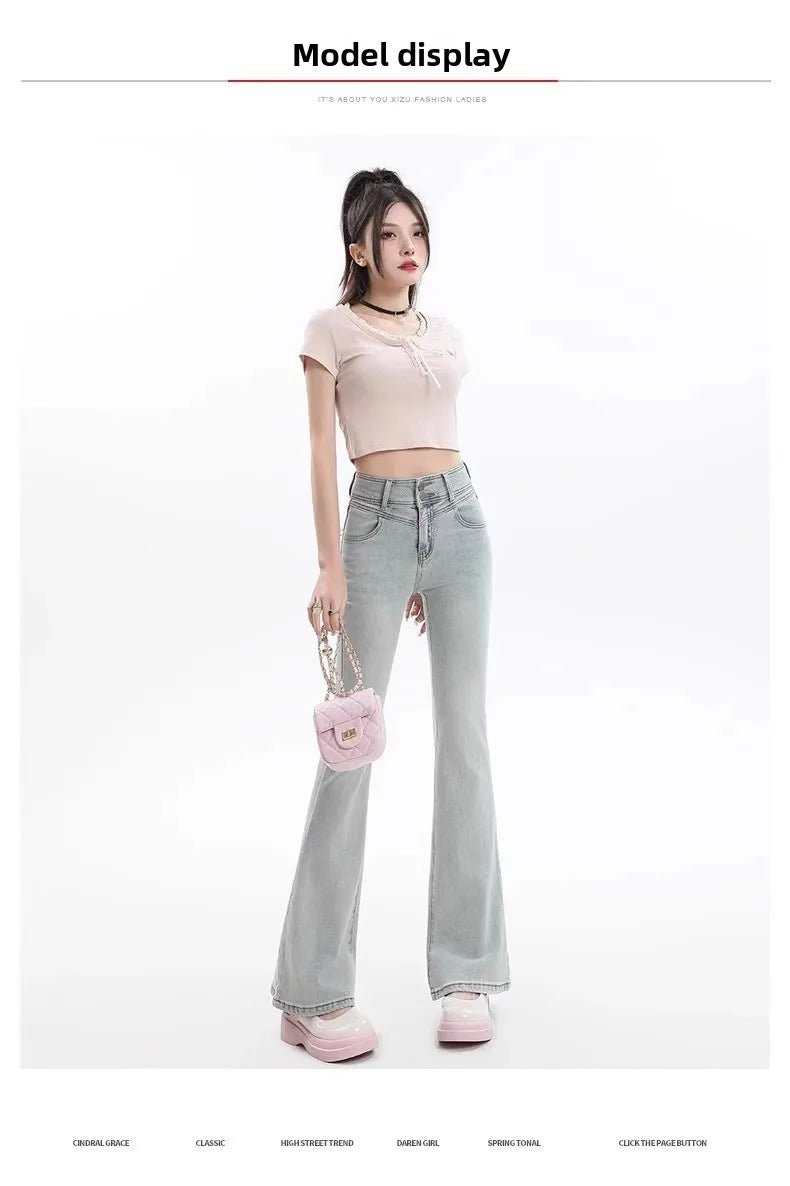 High Waist Bell Bot Denim Jeans Women's Light Color Peach Butt Design Slimming Fitted Floor Length  Hoof Pants