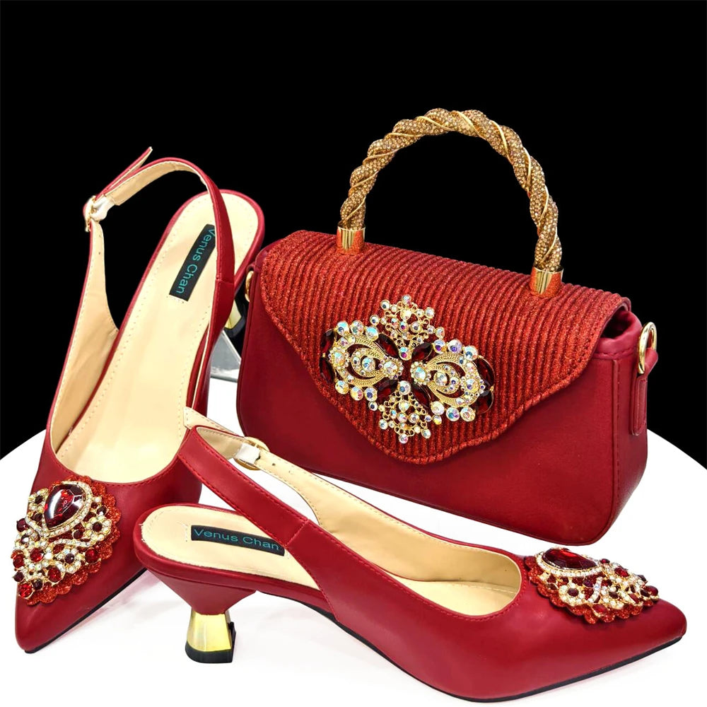 2024 Latest Wedding Pointed Toe Women's Shoes High Heel White Color Rhinestones Party Ladies Shoes And Bag Set