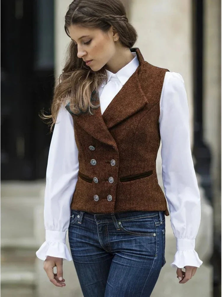 Women Vest Gray Fashion Vintage Herringbone Double Breasted Slim Fit Sleeveless Jacket Suits Profession Casual Work Vest Women