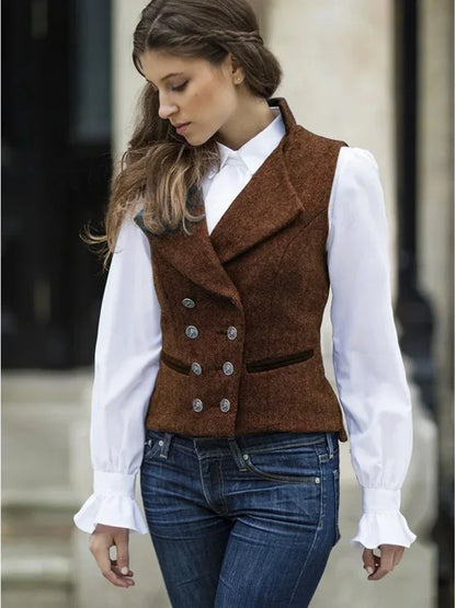 Women Vest Gray Fashion Vintage Herringbone Double Breasted Slim Fit Sleeveless Jacket Suits Profession Casual Work Vest Women