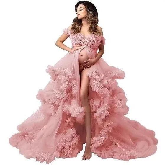 Off Shoulder Spaghetti Ball Gown Maternity Dresses for Photoshoot Hot Sale Pink Pregnant Woman Dress for Babyshower Cloud Dress