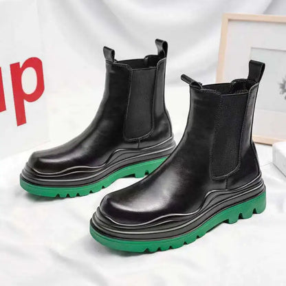 Fashion Mens Sheoes Platform Chelsea Boots Thick Bottom Split Leather Ankle Boots Male Footwear Round Toe Short Boots