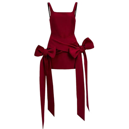 Fashion Red Bowknot Mini Dress Straps Square Collar Sleeveless Backless Vintage Cute Ladies Slim Party Short A-line Dresses