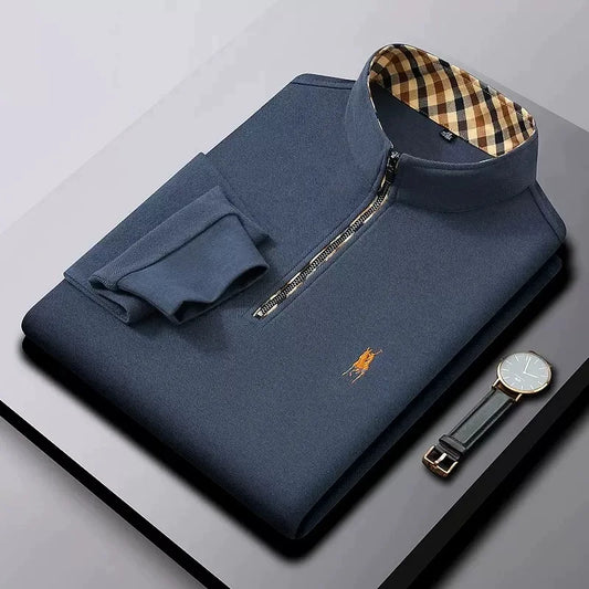 Luxury new Half Zipper Long Sleeve T-shirt 100% Cotton Brand Embroidered Stand Collar Men's Clothing Autumn Casual polo shirt