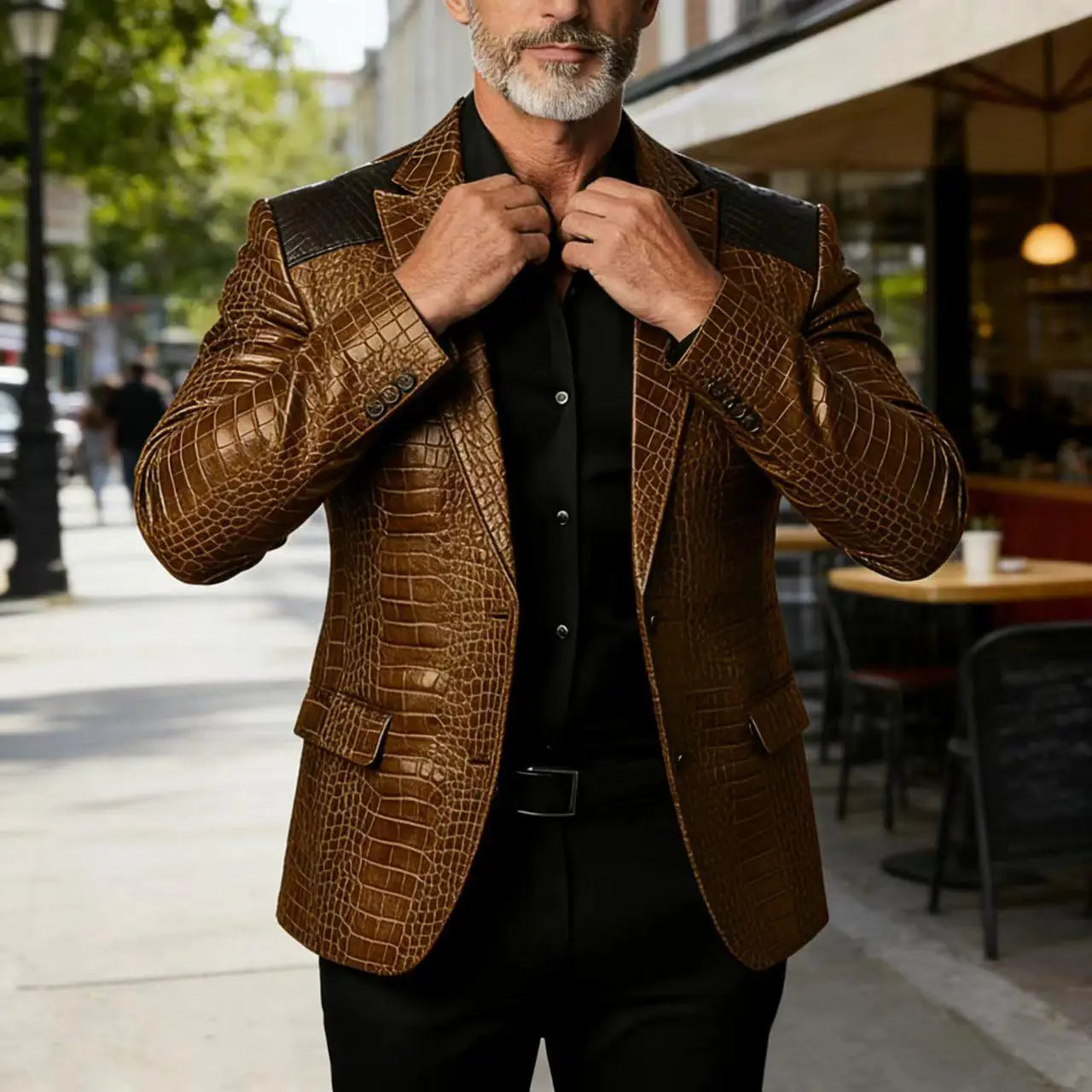 Men's Crocodile Pattern Leather Blazer Patchwork PU Leather Suit Jacket Notched Lapel Slim Fit Business Casual Coat Outerwear