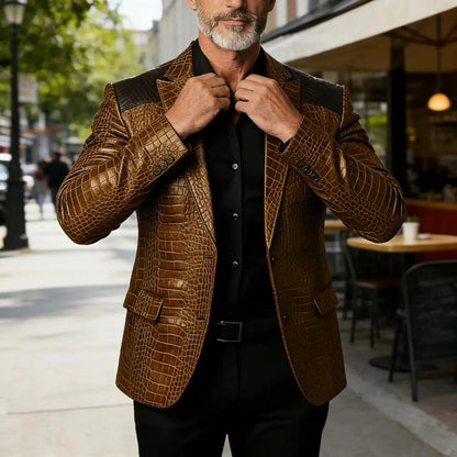 Men's Crocodile Pattern Leather Blazer Patchwork PU Leather Suit Jacket Notched Lapel Slim Fit Business Casual Coat Outerwear