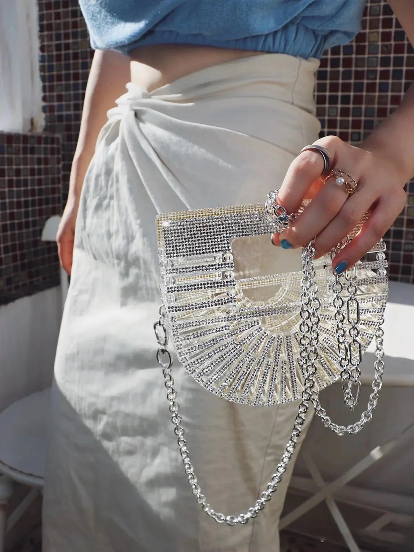 Women's Half-Moon Evening Bag Luxury Designer Rhinestone clutch bag Fan Shape Golden Party Bag Mini Sparkling Wedding Purse
