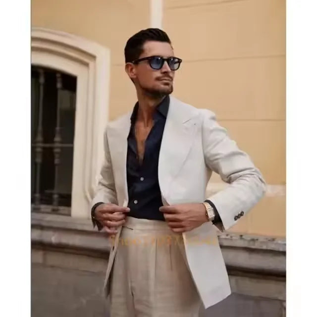 2 Pcs Linen Men's Suits for Summer Wedding Groom Wear Groomsmen Tuxedos Notched Lapel Blazer for Beach Party (Jacket+Pants)