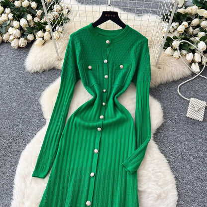 Brand Fashion Aesthetic Patchwork Knitted Maxi Dress Autumn Winter Women Luxury Shirt Sweater Dress Office Lady Vestido