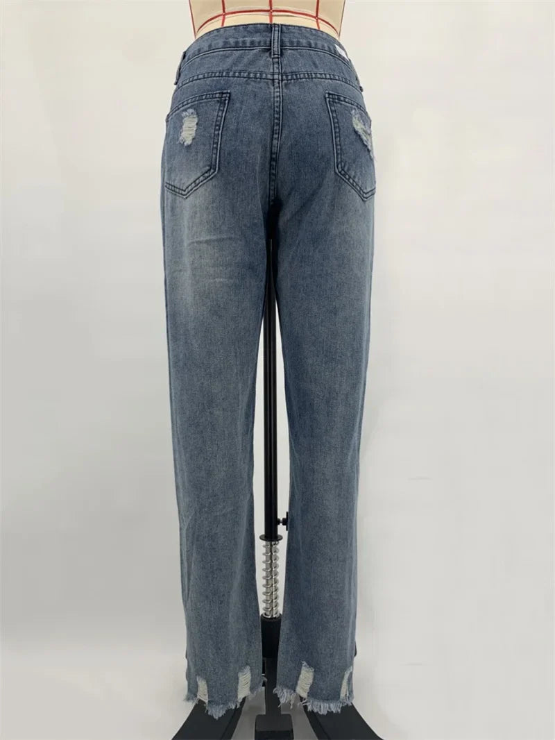 Fashion Broken Holes Tassel Straight Jeans Women's Mid-waist Button Splicing Denim Pants Ladies Trend Streetwear Casual Trousers