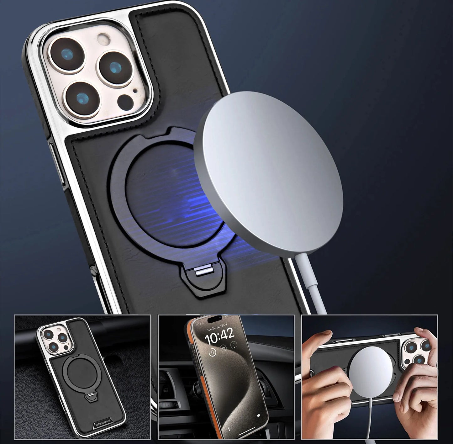 360 Rotating Bracket Luxury Magnetic Leather Phone Case For iPhone 16 17 Pro Max 15 14 13 12 Magsafe Wireless Charging Cover