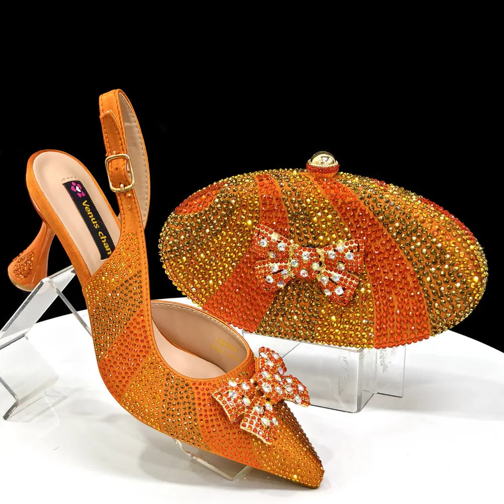 New Arrival Women's Elegant Black Shoes with Rhinestone-Embellished Diamond Heels & Matching Handbag – Perfect Fashion Set for