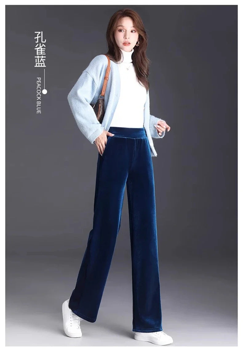 Women's pants with many reviews flared pants ice silk pants wide leg pants, high waisted blue loose straight leg pants 6XL