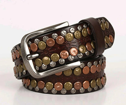 3.8CM  Hip Hop Punk Style Men Belt Round Rivet Real Genuine Cowskin Leather Strap Male Cowboy Studded Belts Rock Waistband