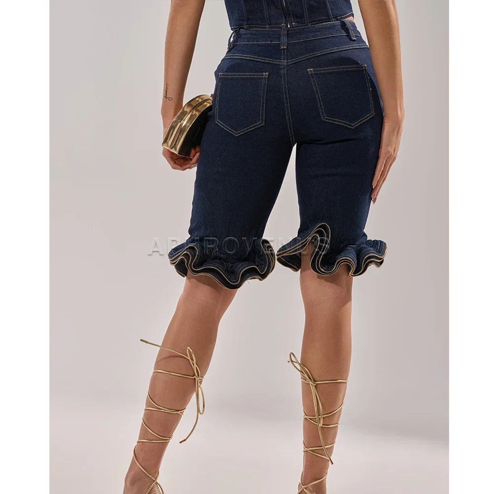 Wave Ruffle Hem Slim Denim Shorts Women Casual High Waist Slim Fit Ruffled Denim Shorts Fashion Slimming Streetwear