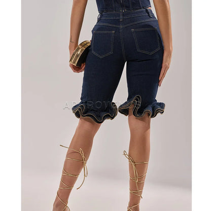 Wave Ruffle Hem Slim Denim Shorts Women Casual High Waist Slim Fit Ruffled Denim Shorts Fashion Slimming Streetwear