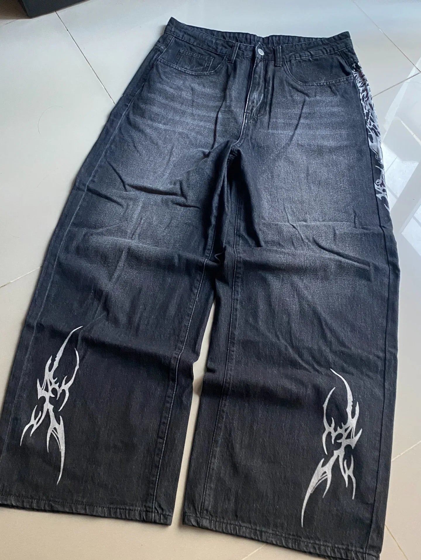 vintage style printing black baggy jeans harajuku trend men women hip hop fashion casual Joker couple Wide-leg pants streetwear