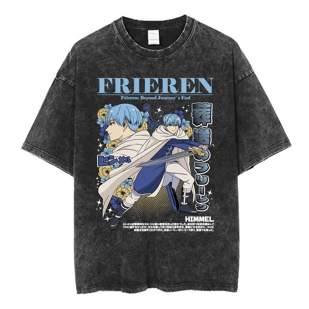 Anime Frieren: Beyond Journey's End Graphic Washed Vintage T-shirt Men's Women Fashion Short Sleeve Cotton Casual Loose T Shirts