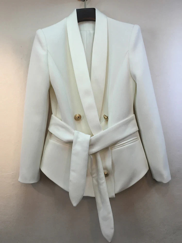 HIGH STREET Newest Fashion 2026 Designer Blazer Women's Shawl Collar Double Breasted Metal Buttons Belt Blazer Jacket