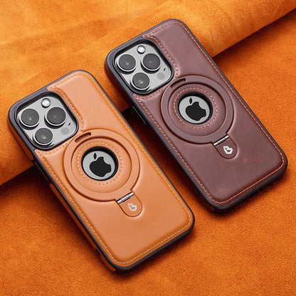 Luxury Leather Metal Magnetic Ring Stand Magsafe Case For iPhone 17 16 15 14 13 12 Pro Max Plus 17Air Business Hollow Logo Cover