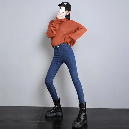 New Women Thermal Jeans Winter Snow Warm Plush Stretch Jeans Lady Skinny Thicken Students Denim Pants Fleece Mom Fur Trousers