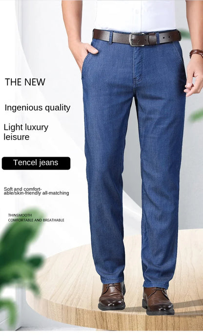 2026 New Spring Men's Light Blue Stretch Straight Jeans Business Casual Denim Pants Modal Fabric Trousers Male Brand