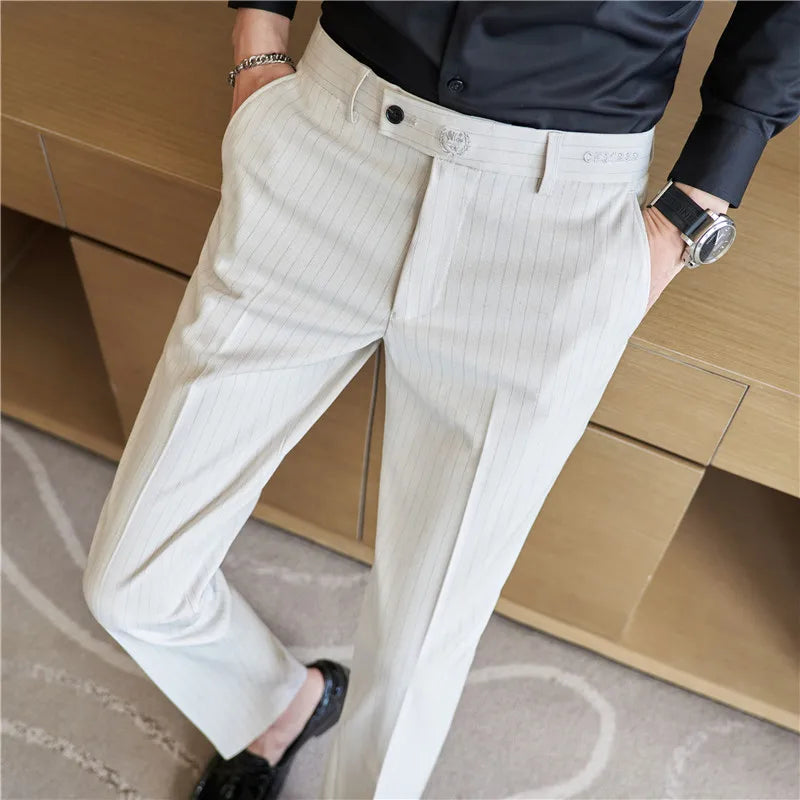 New Korean Style Fashion Striped Embroidery Suit Pants Men's Business Slim Casual Straight Pants Formal Wedding Party Trousers