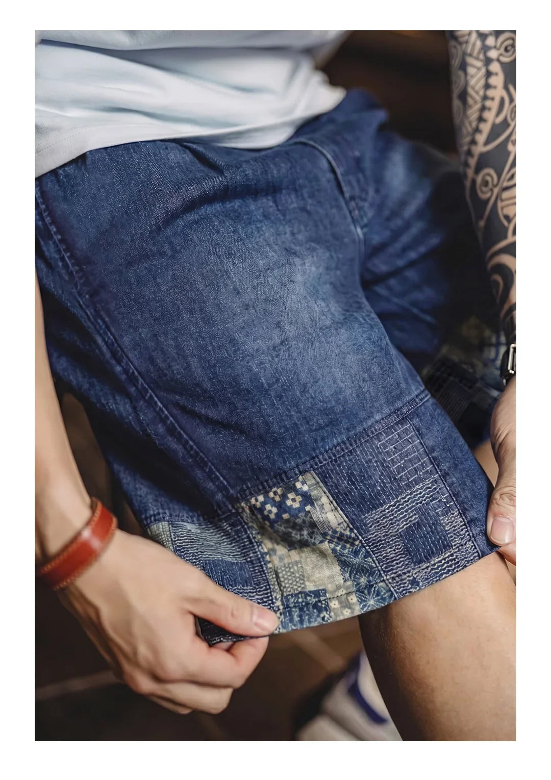 Maden Men's American Retro Slub Texture Washed Denim Shorts Vintage Cloth Spliced Five Inch Loose Casual Workwear Daily Trousers