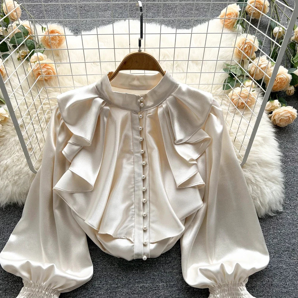 High Quality Satin Loose Shirt Long Flared Sleeves Ruffles O Neck Beading  Women Gentle Office Lady Casual Blouse