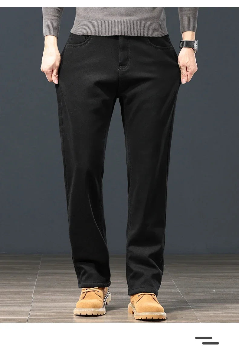 Winter Men's Fleece Warm Jeans Classic Black Plush Loose Straight Business Casual Pants Thermal Male Clothing 40 42 44