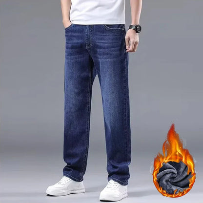 Men New Fleece Lined Thickened Jeans Male Winter Loose Straight Slim Fit Denim Pants High End Casual Elasticity Trousers