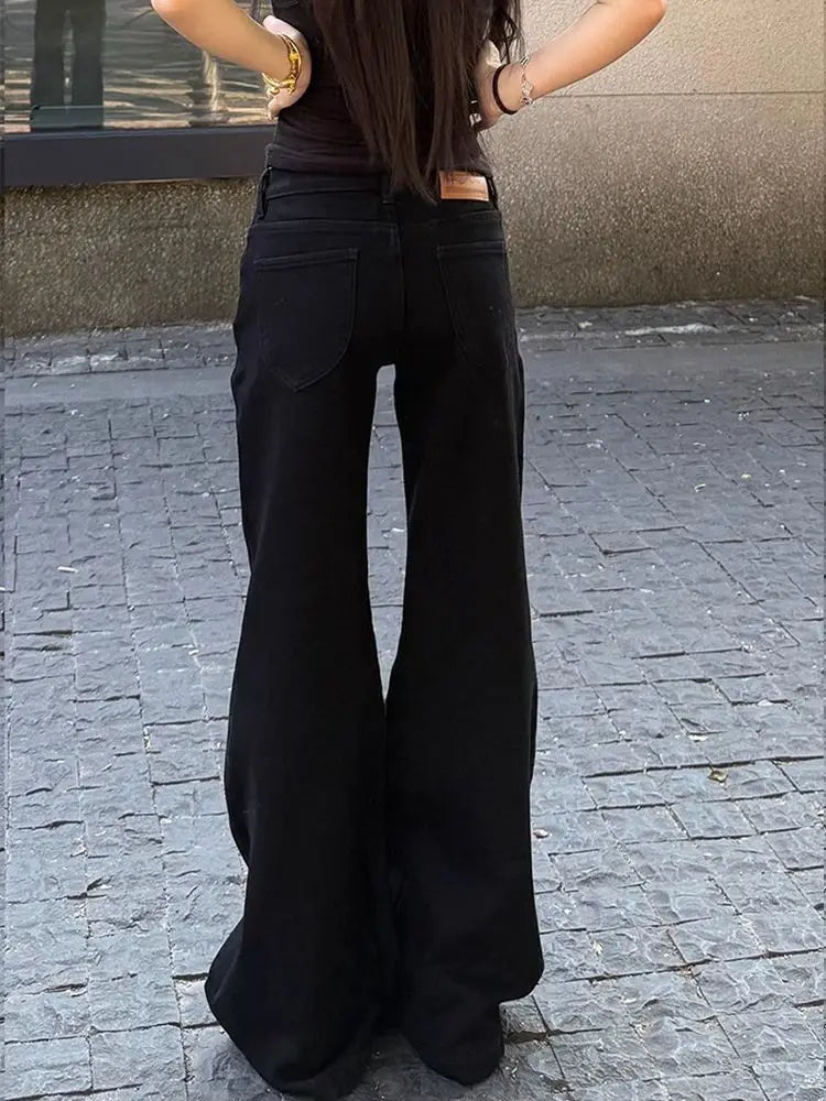 Women Korean Vintage Abi Y2k Low Rise Denim Flare Pants Simple Jean Bell-Bottom Japanese Long Trousers Grunge Dark Academia New