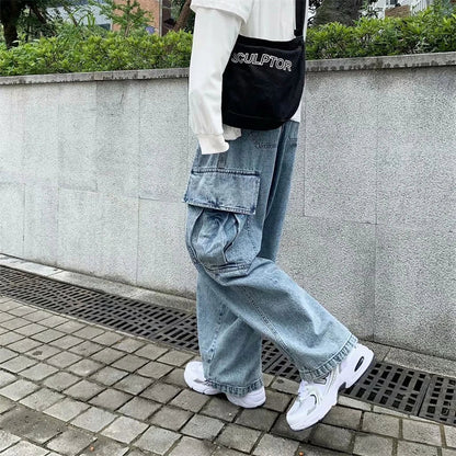 Baggy Jeans Men's Oversize Streetwear Fashion Wide Leg Cargo Pants Hip Hop Harajuku Multi-Pocket Denim Trousers Black Blue