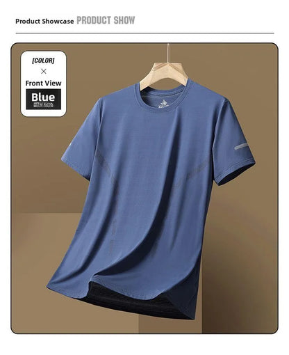 Ice Silk Men's T-Shirt Quick Dry Thin Short Sleeve Breathable Half Sleeve Large Size Casual Sporty Trendy round Neck Short Sl...