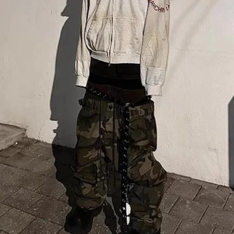 Three Waisted Camouflage Cargo Pants for Men Streetwear Patchwork Baggy Jeans Wide Leg Casual Loose Denim Trousers Oversized
