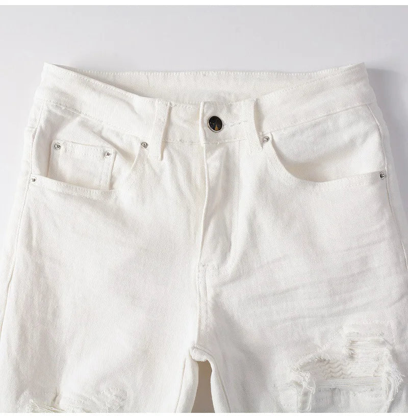 Men's White Stretch Ripped Biker Jeans Slim Skinny Pleated Patchwork Denim Pants