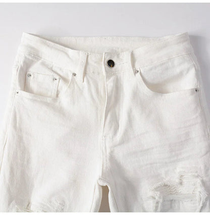 Men's White Stretch Ripped Biker Jeans Slim Skinny Pleated Patchwork Denim Pants